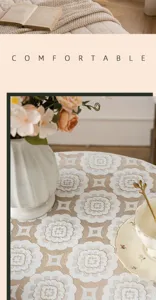 Nahaufnahme der weißen Spitzen-Häkel-Tischdecke mit elegantem Blumenmuster für gemütliches Dekor.