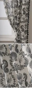 Detail shot of slub linen curtain featuring marine shell and seahorse print with black tassel trim.
