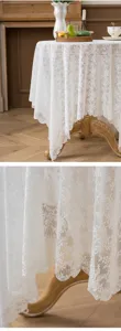 Vista detallada de mantel de encaje jacquard francés blanco con elegante patrón floral.