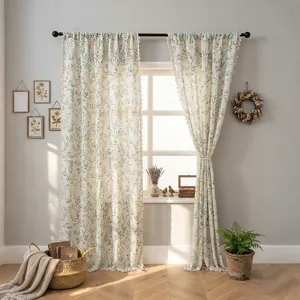 American Pastoral Floral Leaf Printed Ready Made Curtains Semi Shading Slub Texture Linen Look Window Drapery With Tassels For Living Room Bedroom Home Decor