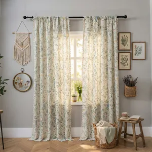 Pastoral botanical print linen curtain with tassel edge for farmhouse home decor living room