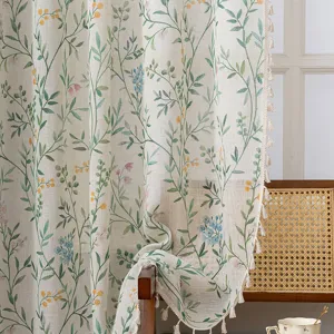 Floral print linen curtain with tassel trim pastoral style window drape for home decor