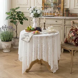 Mantel de Encaje Jacquard Vintage Francés Blanco Beige Cubierta de Mesa Antipolv Floral para Mesa de Hogar Fondo de Fotografía