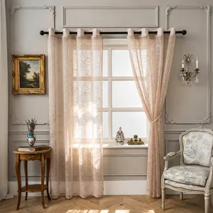 Französischer Vintage Creme Stil Polyester Gardine Elegant Abstrakt Zweigmuster Halbtransparent Privatsphäre Ösen Vorhang Für Wohnzimmer Schlafzimmer