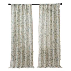 Pastoral style leaf flower printed slub linen curtain main product hanging display shot.