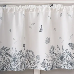 American pastoral style short cafe curtain with blue floral and butterfly print for small windows
