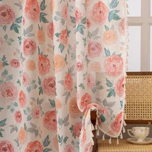 Koreanischer Stil Blumen Leinen Vorhang mit Quasten, frischer Aquarell Rosen Druck Wohnkultur.