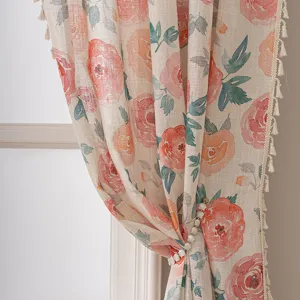 Koreanischer Stil Blumen Leinenvorhang mit Quasten, frischer Tulpen Druck Fenstervorhang Deko.