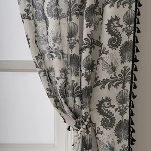 Linen curtain with sea horse shell print and black tassel fringe, vintage home decor.