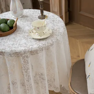 Mantel de encaje blanco estilo francés para mesa redonda cubierta a prueba de polvo