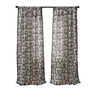 Korean style vintage floral print linen curtain with tassel trim elegant home decor window panel