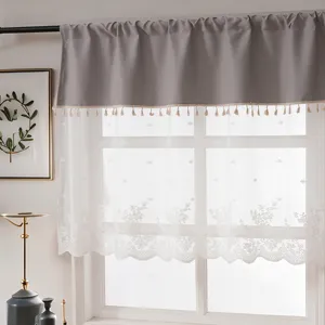 American Country Spliced Floral Lace Short Curtain Gray White Embroidered Tassel Valance For Kitchen Bedroom Window Cafe Decor