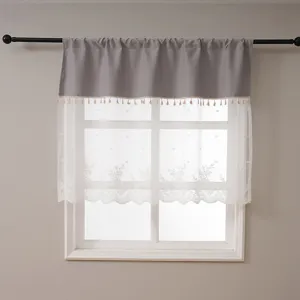 American style short curtain with grey top and white floral lace sheer bottom for room.