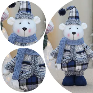 Kerst pluche witte beer pop ornament met blauwe ruit hoed en sjaal voor feestelijke decoratie