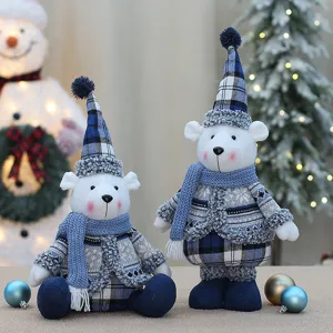 Kerst Stof Beer Pop Tafel Ornament Zeeblauw Geruite Hoed Sjaal Jas Tekenfilm IJsbeer Figuur Festival Cadeau Huisdecoratie
