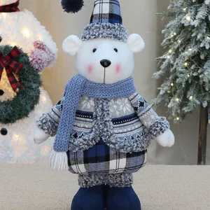 Kerst pluche beren pop blauw geruit winter vakantie decoratie speelgoed voor thuis gezellig.
