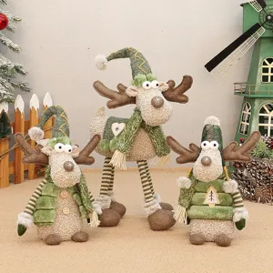 Groene Stof Kerst Rendier Figuur Gestreepte Hoed Tafel Ornament Feestdagen Display Pluche Hert Eland Kerstboom Decoratie Cadeau