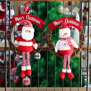Noel rouge blanc pere noel bonhomme de neige couronne rotin pendentif fete decoration porte