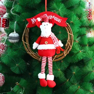 Noël peluche Père Noël élan couronne en rotin pendentif suspendu pour décoration de porte d'arbre