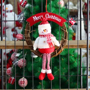 Couronne en rotin de Noël décoration suspendue avec jolie poupée bonhomme de neige pour fête