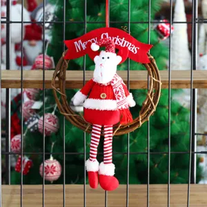 Décoration de Noël suspendue poupée Père Noël en peluche avec couronne de rotin