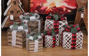 Christmas iron art gift box set with ribbons and pine cones for holiday home decoration.