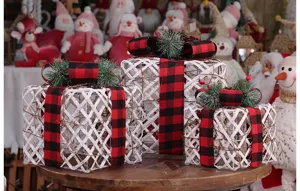 Christmas iron gift box decoration set with buffalo plaid bows for holiday party display.