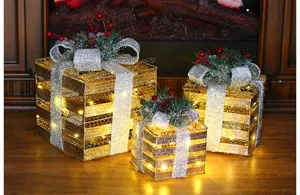 Christmas lighted iron gift boxes set, festive decorative display prop for holiday home decor.