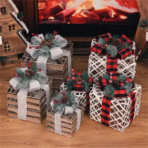 Christmas Iron Art Gift Box Decoration Set With Plaid Bowknot Pinecone Ornaments Holiday Festive Party Props Indoor Desk Display Decor