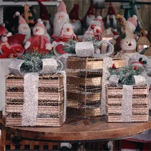 Christmas iron art gift box three-piece set holiday desktop decorative props indoor display.