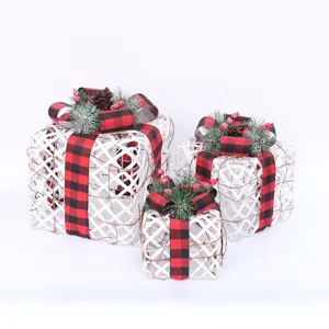 Christmas iron art gift box set of 3 with buffalo plaid bows pinecones and berries for decor