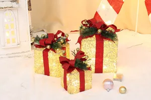 Weihnacht beleuchtete Geschenkschachteln 3er Set Eisenkunst Deko mit roten Schleifen für Party.