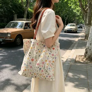 Blumen Bestickung Segeltuch Tragetasche für Damen, große Kapazität Pendler Schultertasche.