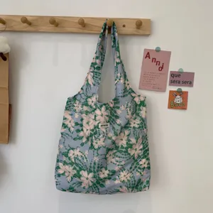 Asthetische koreanische blaue grune Blumen Canvas Shopper Tasche grosse Schultertasche