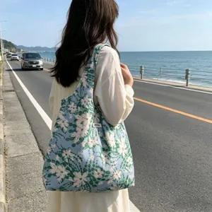 Koreanische blaue grüne Blumen Leinwand Tote Bag lässige große Kapazität Schultertasche Sommer
