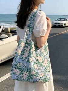 Koreanischer Stil blau gruene Blumen Canvas Tote Bag leichte laessige Umhaengetasche
