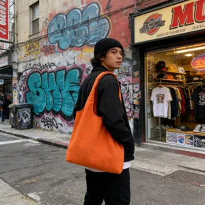 Detailansicht orangefarbene Leinen-Tragetasche, einfarbige Schultertasche Streetwear Stil.