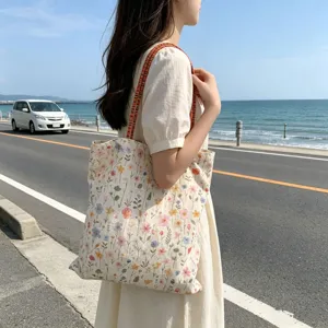 Blumen bestickte Canvas Tragetasche, lässige Damen Schultertasche für den Pendler.