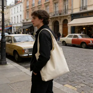 Einfacher beiger Canvas Shopper für den Alltag, minimalistische einfarbige Schultertasche.