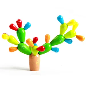 Wooden cactus balancing stacking toy for kids, colorful early education block set main view.