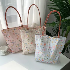 Blumen bestickte Canvas Tragetasche, lässige Damen Schultertasche mit großem Fassungsvermögen.