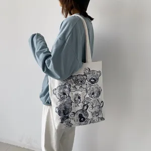 Canvas tote bag for women aesthetic retro sketch bear print shoulder daily casual handbag