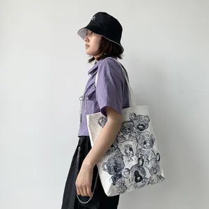 Japanese Harajuku Style Women Canvas Tote Bag Cartoon Bear Printed Shoulder Handbag Retro Large Capacity School Travel Cotton Fabric Shopper Bag