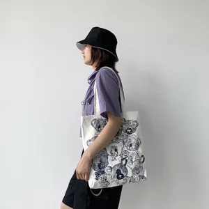 Japanese style canvas shoulder bag for women, cute bear print casual student tote bag.