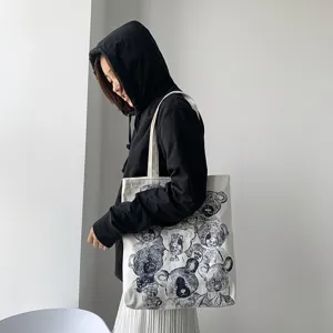Casual canvas tote bag featuring cute sketch bear prints, perfect for daily student travel use.
