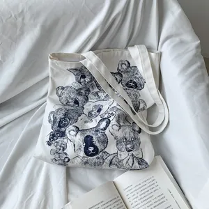 Canvas tote bag for women, cute retro bear print ulzzang Japanese style shoulder shopping bag.
