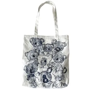Vintage teddy bear print canvas tote bag, casual shoulder bag, Japanese ulzzang handbag.