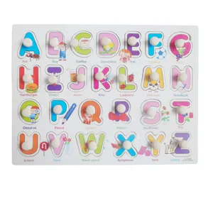 Wooden alphabet puzzle board for kids, montessori learning toy with knob letters and words.
