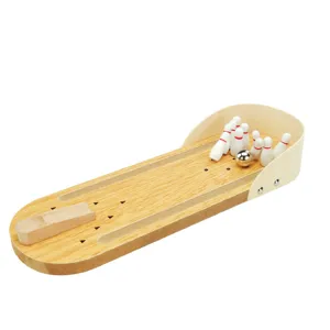 Mini wooden tabletop bowling game set with pins and metal ball for kids and family fun