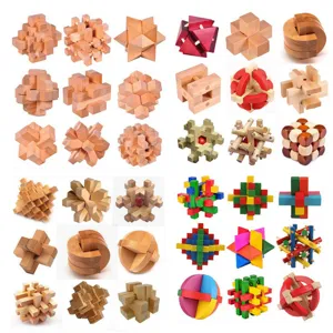 Assorted wooden interlocking brain teaser puzzles, 3D classical puzzle toys for adults kids.